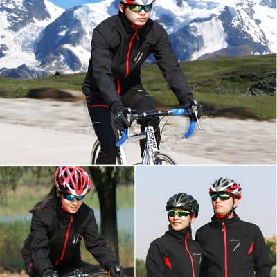 Men and women wearing cycling jackets, helmets, and sunglasses enjoying outdoor activities in scenic mountain and river settings for active lifestyle and sports.