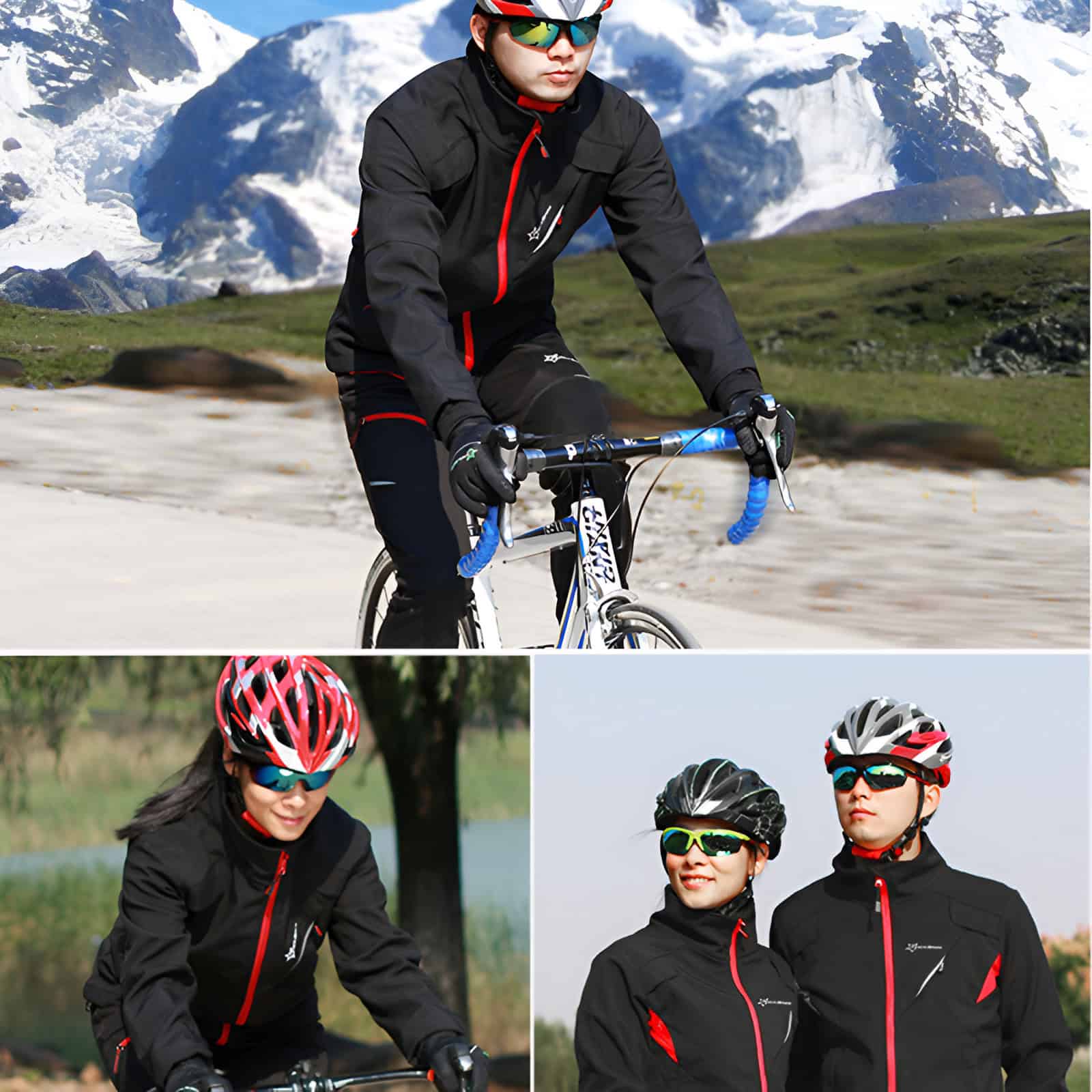 Men and women wearing cycling jackets, helmets, and sunglasses enjoying outdoor activities in scenic mountain and river settings for active lifestyle and sports.