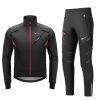 Lightweight black and red athletic track jacket and pants set, ideal for sports, running, and outdoor activities, featuring breathable fabric, multiple pockets, and adjustable fit.