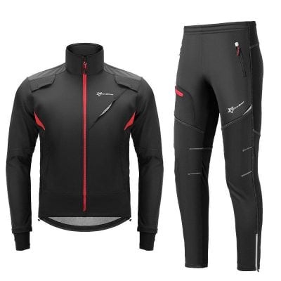 Lightweight black and red athletic track jacket and pants set, ideal for sports, running, and outdoor activities, featuring breathable fabric, multiple pockets, and adjustable fit.