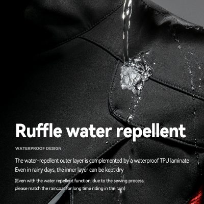 Waterproof black rain jacket with water repellent technology for outdoor activities Ruffle water repellent outdoor jacket featuring waterproof TPU laminate for rain protection and dry interior.