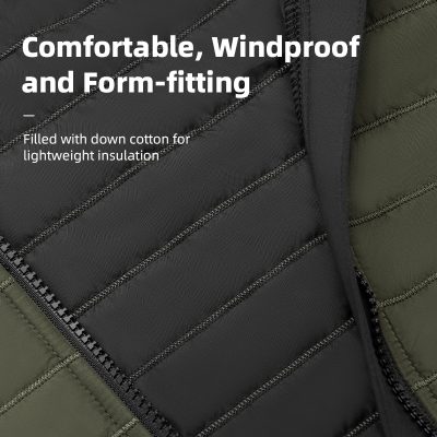 Black insulated windproof jacket with lightweight down cotton filling, featuring horizontal quilted design and a sturdy zipper for optimal warmth and comfort. Perfect for cold weather outdoor activities.