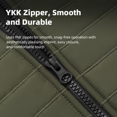 YKK zipper on a durable, stylish green quilted jacket, ensuring smooth, snag-free operation with easy closure and comfortable touch, ideal for high-quality outerwear and fashion apparel.