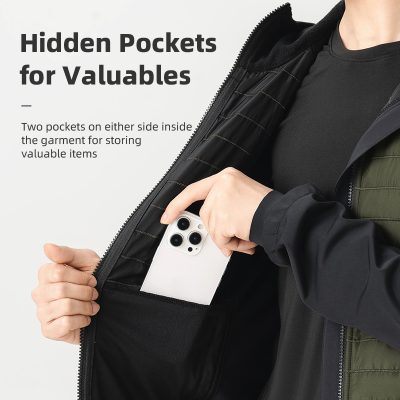 Hidden pockets for valuables in a stylish black jacket, ideal for secure storage of essentials like smartphones during outdoor activities. Perfect for travel and everyday use.