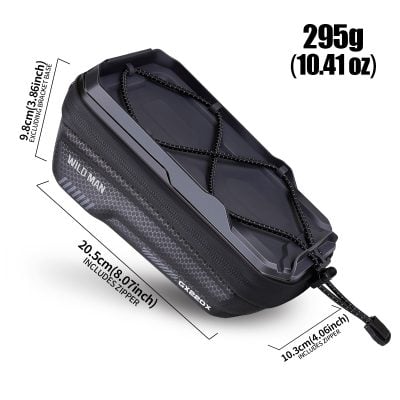 Black waterproof bicycle handlebar bag with adjustable bungee cords, 295g weight, and durable zipper, perfect for cycling accessories and storage.