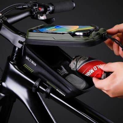 Wireless phone holder mounted on a bicycle handlebar for safe and convenient navigation during rides. Perfect for outdoor cycling, allowing easy access to your smartphone while biking.