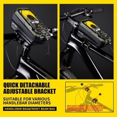 Quick detach bike handlebar bag with adjustable bracket for various handlebar diameters, suitable for front beam and handlebar bags, easy to install on e-bikes and mountain bikes.