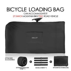 Durable bicycle loading bag for mountain bikes and road vehicles, includes extendable shoulder strap, buckle straps, and an integrated storage bag for convenient cycling accessories storage.