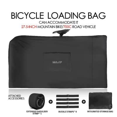 Durable bicycle loading bag for mountain bikes and road vehicles, includes extendable shoulder strap, buckle straps, and an integrated storage bag for convenient cycling accessories storage.