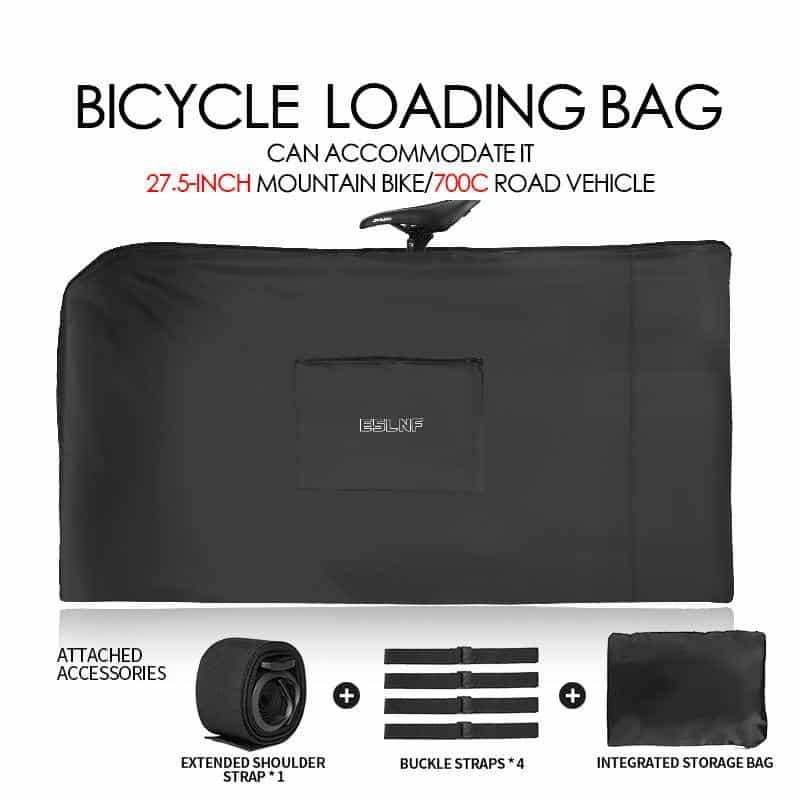 Durable bicycle loading bag for mountain bikes and road vehicles, includes extendable shoulder strap, buckle straps, and an integrated storage bag for convenient cycling accessories storage.