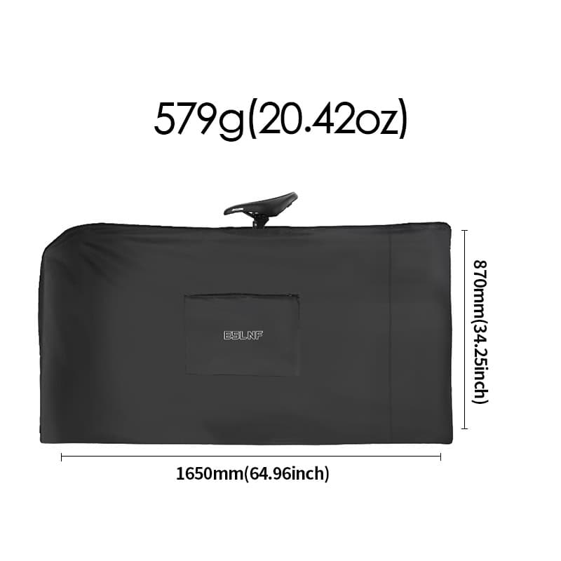 Black bicycle saddle cover bag with dimensions 1650mm x 870mm, weighing 579g, ideal for secure storage during travel. High-quality, durable material suitable for cycling accessories.