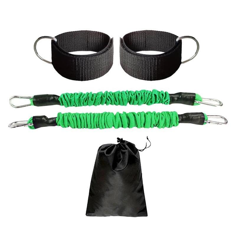 Black wrist ankle restraints with metal rings for secure binding, adjustable green recovery straps with metal hooks, and a black storage bag — essential recovery and restraint accessories from Monalisa Store.