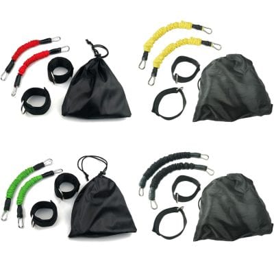 Colored resistance bands with handles, ankle straps, and carry bags for fitness, strength training, and physical therapy exercises at Monalisa Store. Perfect gym equipment for home workouts.