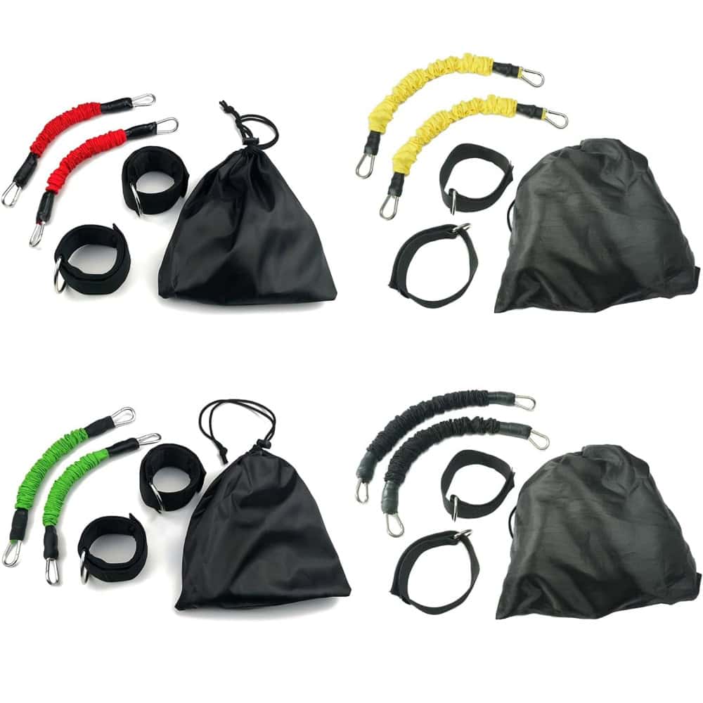Colored resistance bands with handles, ankle straps, and carry bags for fitness, strength training, and physical therapy exercises at Monalisa Store. Perfect gym equipment for home workouts.