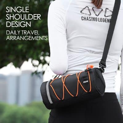Durable black and orange sports duffle bag with adjustable shoulder strap, ideal for travel and gym, featuring spacious main compartment and convenient design.