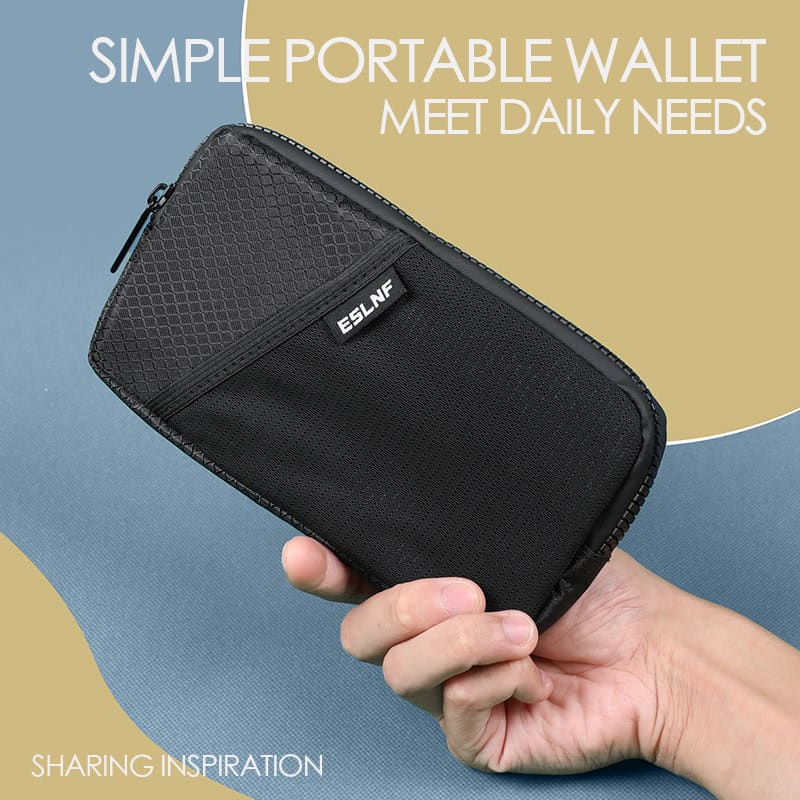 Black portable wallet with multiple compartments for everyday essentials, ideal for convenient and secure storage. Perfect for travel, daily use, and essential organization.