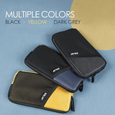 Colorful electronic accessories pouches in black, yellow, and dark grey, designed for organizing tech essentials at Monalisa Store. Perfect for tech lovers and professionals.