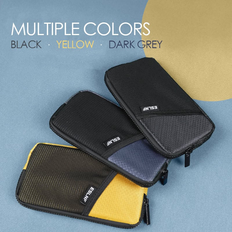 Colorful electronic accessories pouches in black, yellow, and dark grey, designed for organizing tech essentials at Monalisa Store. Perfect for tech lovers and professionals.