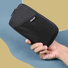 Flexible black storage case with zipper, ideal for sunglasses and optical accessories from Monalisa Medical Store.