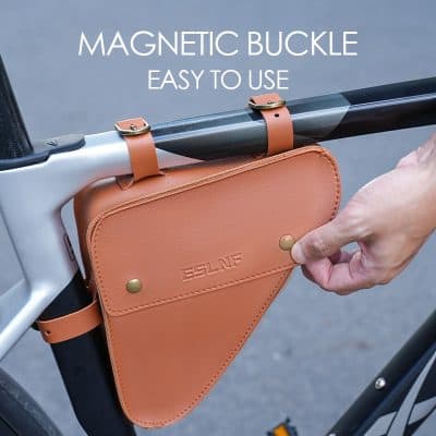 Magnetic buckle leather bicycle storage bag for Monalisa Store, with easy-to-use design and secure attachment; perfect for cycling accessories and essentials.