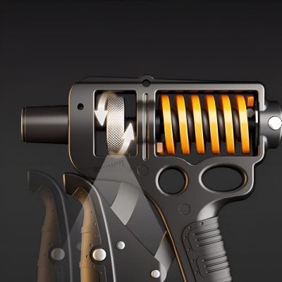 Metal tattoo machine with coil wiring and needle tips for professional tattoo artist use, close-up view.