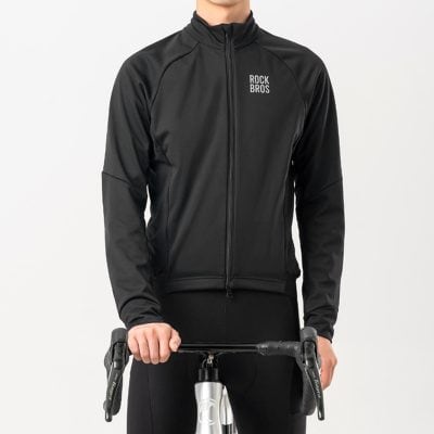 Black athletic zip-up jacket with "Rock Bros" logo, designed for sports and outdoor activities.