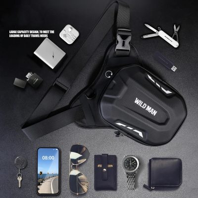 Compact black travel bag with storage compartments and adjustable strap, surrounded by essentials like smartphone, sunglasses, watch, and multi-tool, ideal for daily travel and outdoor activities.