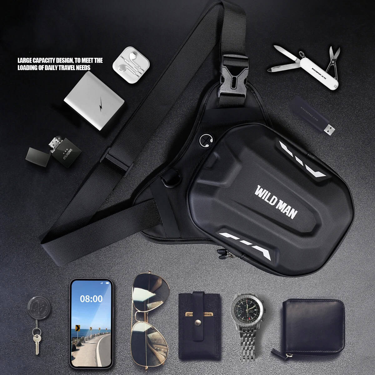 Compact black travel bag with storage compartments and adjustable strap, surrounded by essentials like smartphone, sunglasses, watch, and multi-tool, ideal for daily travel and outdoor activities.
