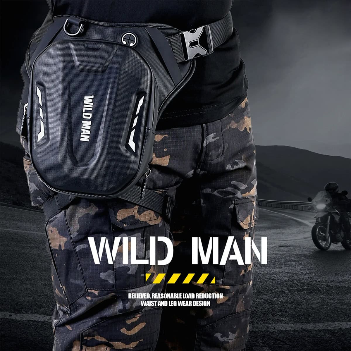 WILDMAN motorcycle waist bag with realistic load reduction and durable design, ideal for motorcyclists. Perfect for carrying essentials securely while riding on scenic or highway routes.