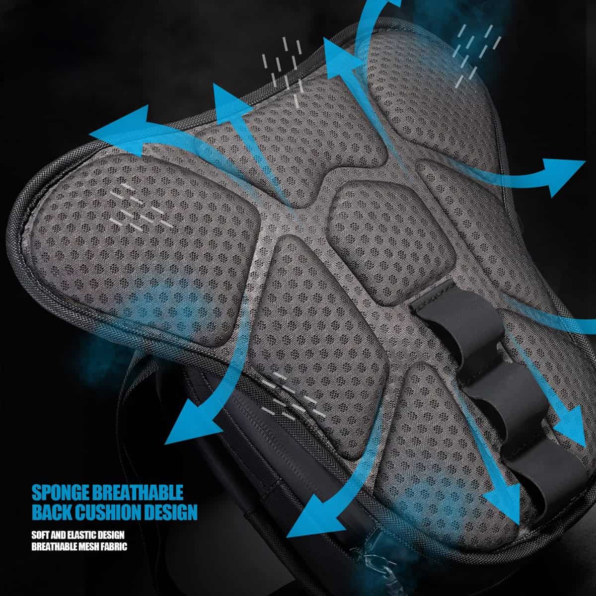 Breathable memory foam back cushion with sponge material, designed for optimal comfort and airflow, perfect for ergonomic support in medical and travel gear.
