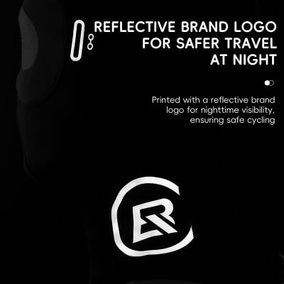 Reflective brand logo on cycling apparel for improved nighttime safety and visibility during night rides. Perfect for safe cycling at night.