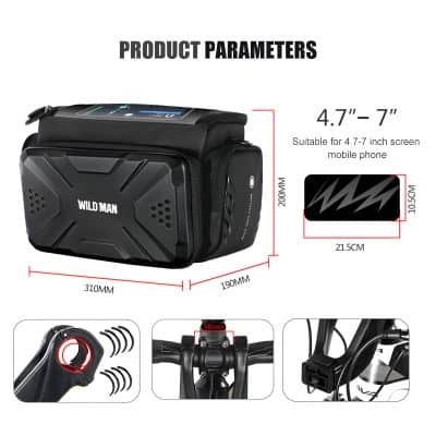 High-quality motorbike storage bag from Monalisa Medical with detailed dimensions and design features for easy installation and durability. Suitable for mobile phones up to 4.7-7 inches, ideal for motorcycle accessories.