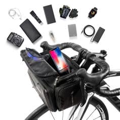 Rechargeable bike bag with smart phone holder and various cycling gear accessories for outdoor adventures and bike commuting. Fits securely on handlebars, perfect for cyclists on the go.