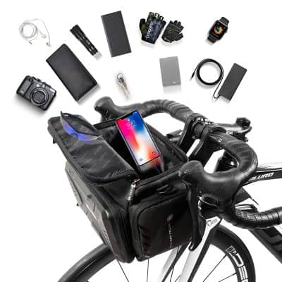 Rechargeable bike bag with smart phone holder and various cycling gear accessories for outdoor adventures and bike commuting. Fits securely on handlebars, perfect for cyclists on the go.