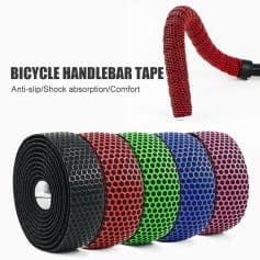 Colorful bicycle handlebar tapes for shock absorption and anti-slip grip, available in red, black, green, blue, and pink, designed for comfort and durability.