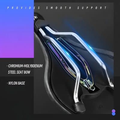 Chromium-molybdenum steel bicycle saddle with nylon base and metallic rails, close-up image showing material details and design features for high-performance cycling.