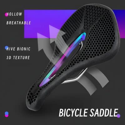 Premium bicycle saddle with hollow breathable 3D textured design, optimized for comfort and airflow, ideal for cycling enthusiasts seeking ergonomic and durable bike accessories.