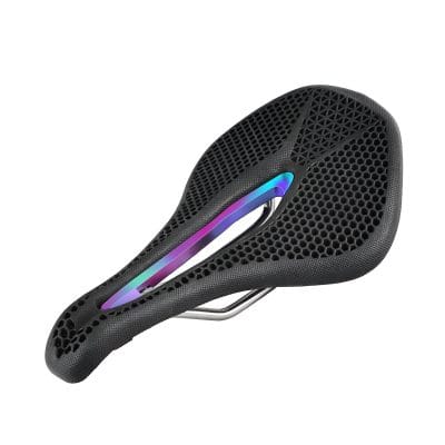 Innovative black bicycle saddle with ergonomic design and breathable mesh for enhanced comfort and support at Monalisa Medical.