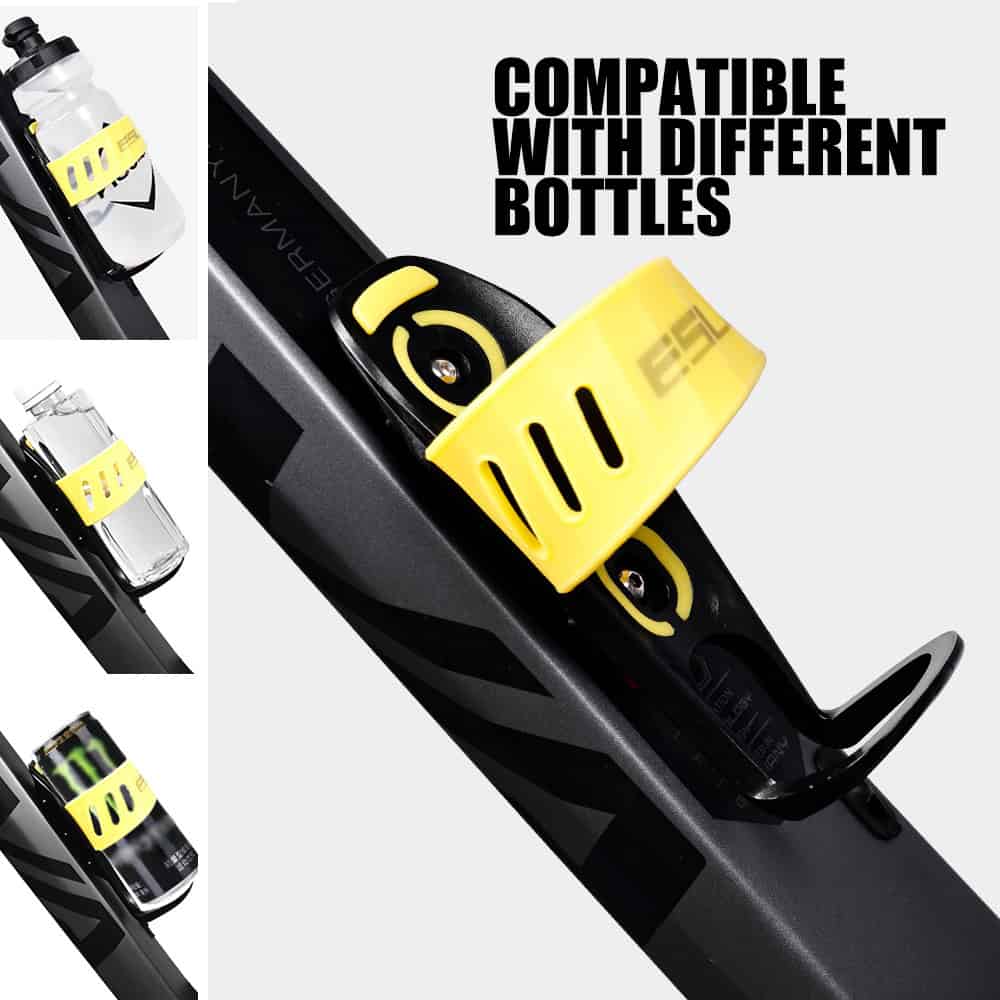 Water bottle holder compatible with different bottles, secure and adjustable for cycling and fitness equipment. Easy to install and perfect for outdoor sports.