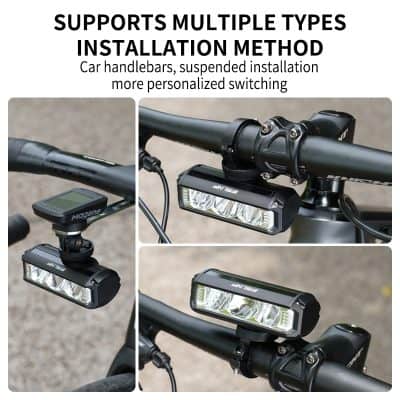 High-quality bicycle LED front light mounted on handlebars for enhanced visibility and safety during night riding. Suitable for e-bikes and regular bikes with multiple installation options.