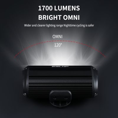 Bright omni bicycle light with 1700 lumens, wide 120-degree illumination, and night cycling safety, suitable for outdoor activities and adventures.