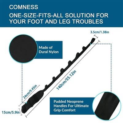 Black foot and leg strap support with durable nylon and padded neoprene handles, designed to relieve foot and leg troubles for comfortable, one-size-fits-all use.