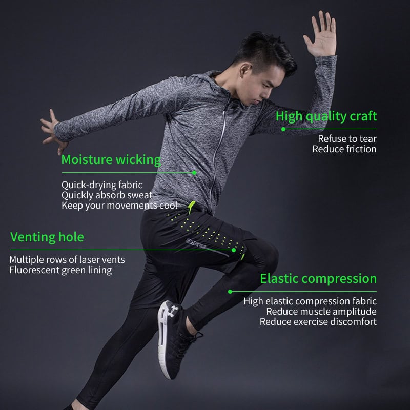 Moisture-wicking athletic jacket with quick-drying fabric, ventilation holes, high-quality craft, and elastic compression for optimal performance and comfort during workouts.