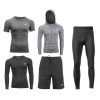 Compression athletic wear set for men and women, including t-shirts, hoodies, shorts, and leggings, perfect for sports and fitness activities.