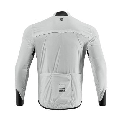 Breathable white cycling jacket with waterproof features, designed for outdoor sports and active wear, featuring the RockBros logo and secure zippered pocket.