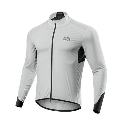 High-performance white and black athletic jacket, ideal for cycling and outdoor sports, featuring windproof and breathable fabric with a full front zipper; perfect for sports enthusiasts.