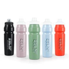 Black, pink, green, blue, and red reusable water bottles with 