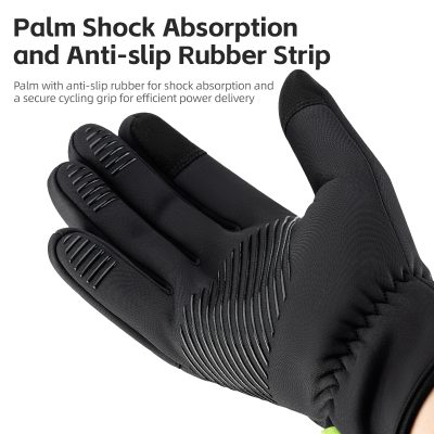 Black cycling glove with palm shock absorption, anti-slip rubber strip, and secure grip for comfortable sports and outdoor activities. Perfect for enhancing performance and protecting hands.