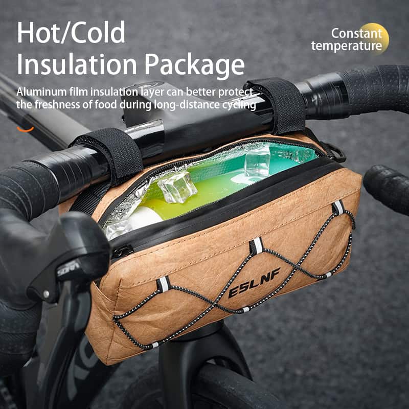 Insulated bicycle handlebar bag for food storage, Monalisa Store, cooling bag for cycling trips and outdoor activities, lightweight bike accessory for food preservation, durable and portable cycling snack bag.