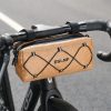 Durable tan bike handlebar bag with black elastic cord and adjustable straps, perfect for cycling accessories and essentials.